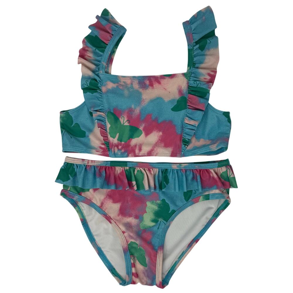 Tucker Tate Girl’s 8 Two-Piece Bikini Swimsuit Blue Butterfly Tie Die Ruffle